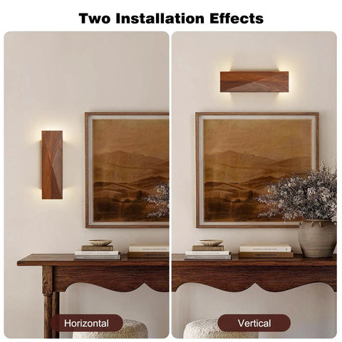 Feasey Set of 2 Walnut Wood Wall Sconce, Vintage Wall Mounted Light Fixture displayed in horizontal and vertical orientations.