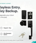 Top Shelf Keyless Entry Door Lock With Durable Handle Kit And Bright Backlit Keypad Zero Fuss Smart Passcode Deadbolt For Swift Secure Home Security Solutions view of matte black electronic lockset with keypad and handle.