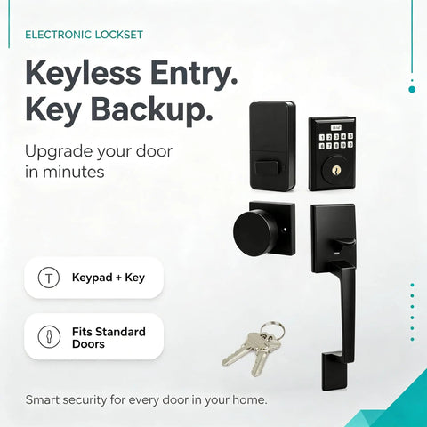 Top Shelf Keyless Entry Door Lock With Durable Handle Kit And Bright Backlit Keypad Zero Fuss Smart Passcode Deadbolt For Swift Secure Home Security Solutions view of matte black electronic lockset with keypad and handle.