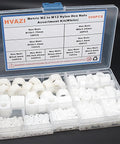500 Piece Metric Nylon Hex Nuts Assortment Kit Featuring M2 Through M12 White Plastic Threaded Fasteners organized in a clear case.