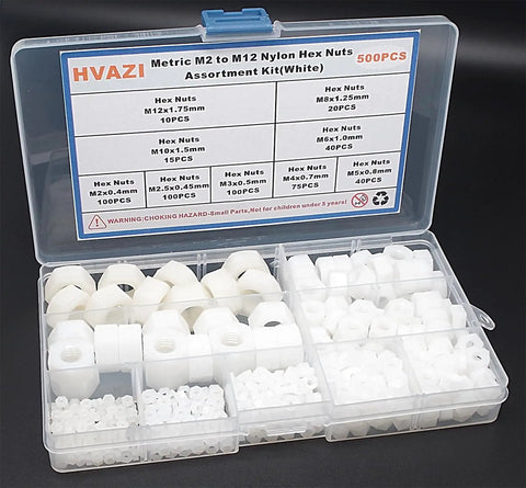 500 Piece Metric Nylon Hex Nuts Assortment Kit Featuring M2 Through M12 White Plastic Threaded Fasteners organized in a clear case.