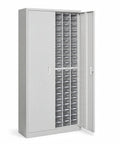 Heavy Duty Workhorse Storage Cabinet With Lockable Double Doors And Deep Drawers For Top Shelf Workshop Organization and Secure Parts Protection Throughout Your Daily Grind, shown open with ABS bins.