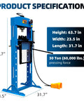 Heavy Duty 30 Ton Hydraulic Shop Press With Fully Welded H Frame And Protective Grid Guard dimensions showing height, width, and length.
