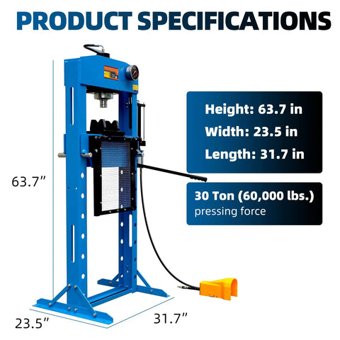 Heavy Duty 30 Ton Hydraulic Shop Press With Fully Welded H Frame And Protective Grid Guard dimensions showing height, width, and length.