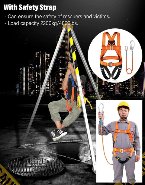 Rock Solid Confined Space Rescue Tripod Kit With Retractable Fall Arrest Harness And Heavy Duty Self Locking Winch For Vertical Roof And Manhole Lifting Jobs