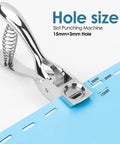 One Slot Badge Punch For ID Cards on blue paper showing 15mm by 3mm hole size, rust-resistant chrome finish, spring-loaded metal punch