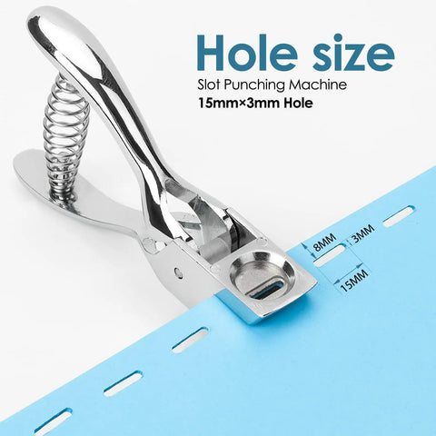 One Slot Badge Punch For ID Cards on blue paper showing 15mm by 3mm hole size, rust-resistant chrome finish, spring-loaded metal punch
