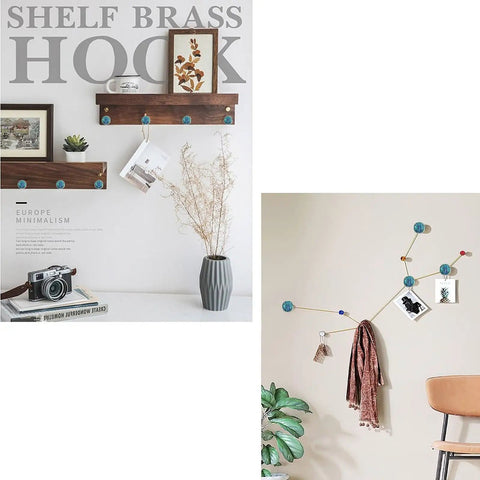 Six Pack Iridescent Abalone Mosaic Cabinet Knobs With Black Base on wooden shelves and wall hooks in minimalistic room decor