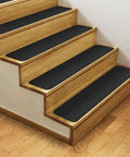 Set of 15 Skid Resistant Double Ribbed Carpet Stair Treads Smokey Black 9x36 Inches Non Slip Backing Safe Steps on wooden stairs