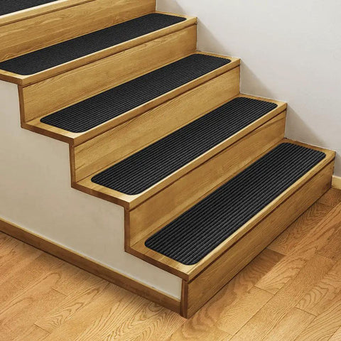 Set of 15 Skid Resistant Double Ribbed Carpet Stair Treads Smokey Black 9x36 Inches Non Slip Backing Safe Steps on wooden stairs