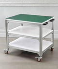 Top Shelf Antistatic Rolling Workbench With Slick Wheeled Aluminum Frame Heavy Duty Prep Table For Garages Repair Shops Warehouses displaying green top and white shelves.
