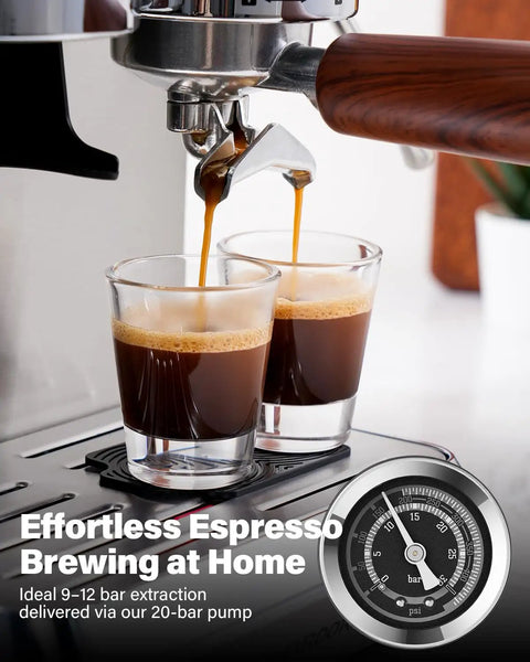 Badass 20 Bar Espresso Machine With Built In Anti Static Grinder And 45 Precision Grind Settings pouring espresso shots into two glasses.