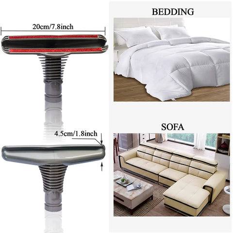 Flexible Extension Hose And Vacuum Attachments Kit For Popular Cordless Vacuums V11 V10 V8 V7 V6 DC74 DC62 DC59 DC44 Replacement Parts Dust Brush Set Bundle showing multi-purpose use on bedding and sofa.