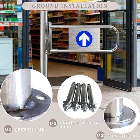 Rock Solid Stainless Steel Two Way Swing Gate With Smooth Operator Action Built Like A Tank For Busy Warehouses Or Driveways Hella Durable 180 Degree Pivot Post Mount Ready installed with expansion bolts.