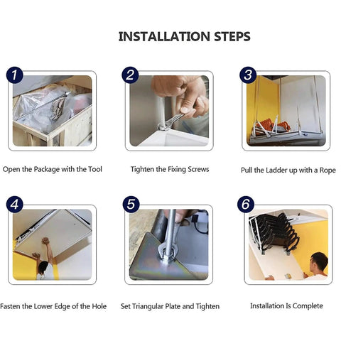 Installation steps for Heavy Duty Electric Attic Ladder Rock Solid Folding Loft Stairs with detailed visuals.