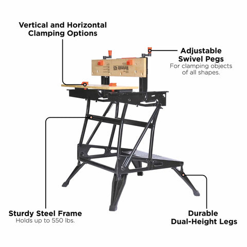 Portable Folding Workbench for DIY and Woodworking With 550 Lb Pro Grade Capacity, Clamps and Vise, Heavy Duty Steel Frame and Bamboo Top