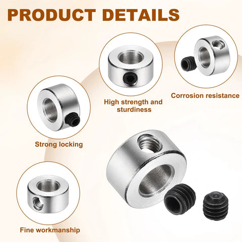 Beefy 5 Pack Shaft Lock Collar With Screw Lock Ring, 5.05 mm Bore, 10 mm Outer Diameter, 5 mm Height, Steel Construction, Built For 3D Printers And CNC Machines, Precision Axial Locking Component In Silver, shown with screw set