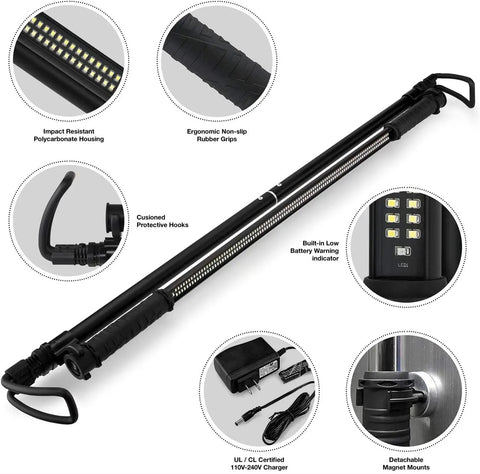 Cordless Underhood Work Light For Mechanics, Rechargeable Li-Ion LED Light Bar With 202 SMD LEDs, detachable magnet mounts