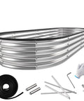 Heavy Duty Galvanized Raised Garden Bed For Outdoors Oval 8 By 4 By 1 Foot Planter Box, metal components and gloves displayed.