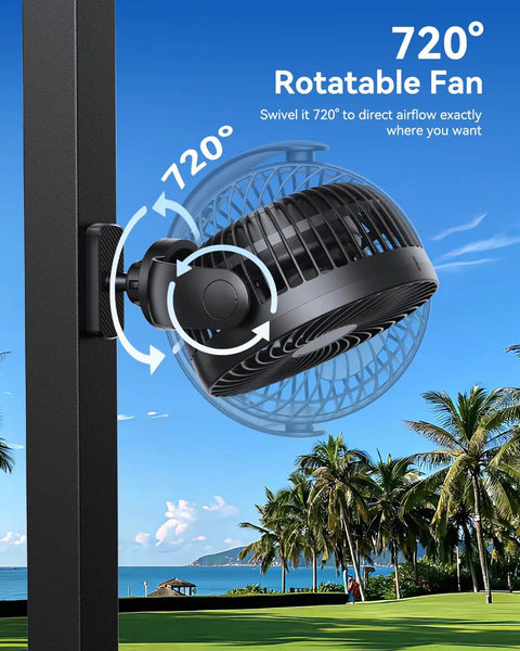 Magnetic Golf Cart Fan With 10000mAh Battery, Rechargeable, 3 Speeds, Up To 30 Hours Run Time, LED Lantern, 360 Degree Rotatable Head, Fits EZGO Club Car Golf Carts, Portable All Day Cooling For Your Rounds, 720-degree rotatable fan near palm trees.