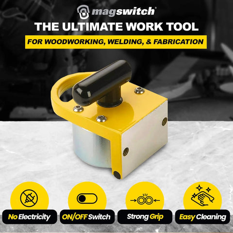 MagMount 150 GripRight 90 Degree Switchable Magnet for industrial fixtures and work benches, heavy duty, non-electric yellow