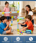 Kids playing with Air Aerodynamics STEM Toy For Kids 3 Plus Hands On STEM Kits in living room, colorful tube and foam ball setup.