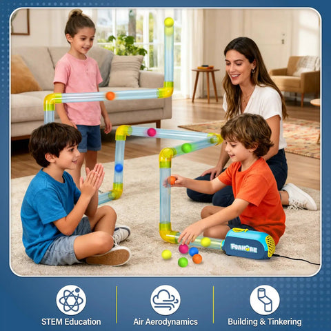 Kids playing with Air Aerodynamics STEM Toy For Kids 3 Plus Hands On STEM Kits in living room, colorful tube and foam ball setup.