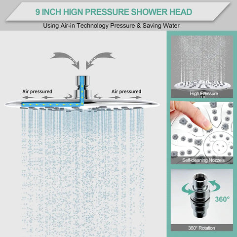 Diagram of high pressure rain shower head with filtered wand, 8 spray modes, 71 inch hose, and self-cleaning nozzles