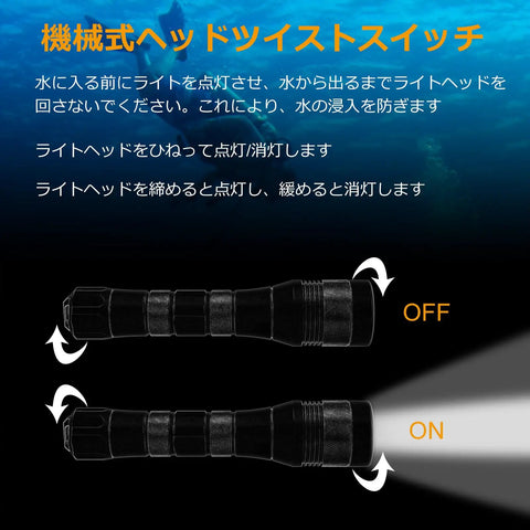 Image showing the twist-on/off function of the Waterproof 1000 Lumen LED Diving Flashlight With 150m Range And 9 Degree Narrow Beam.