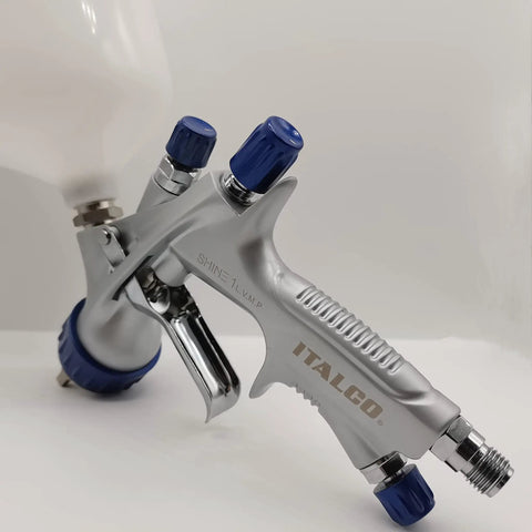 LVMP Spray Gun Pro Grade Workhorse with 1.3mm Tip and 600ml Cup Feed, ergonomic handle, embedded trigger design, angled view