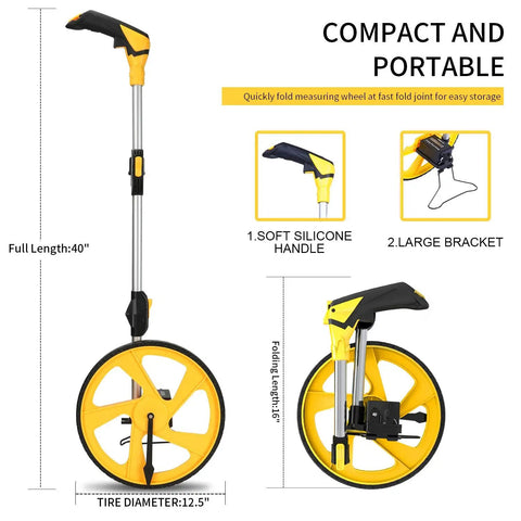 Compact Measuring Wheel For Feet And Inches With Mechanical Double Collapsible Design and Soft Silicone Handle, 40-Inch Length