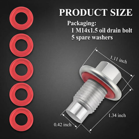 Heavy Duty M14 X 1.5 Oil Drain Plug With 5 Gaskets Fits Ford And GMC Zinc-Coated Iron Sump Bolt For Engine Maintenance Auto Repair Kit, size view with washers