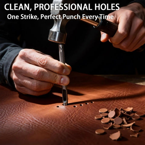 Close-up of Six Size Hollow Leather Punch Set with Knurled Grip punching holes in leather, carbon steel tool for DIY projects