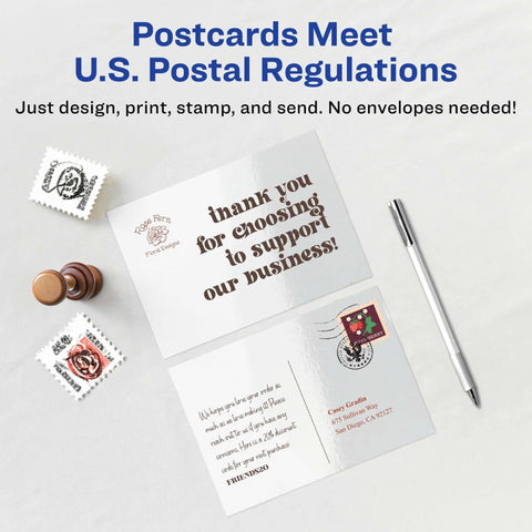Front view of Avery Printable Postcards, 4.25 x 5.5 inches, glossy white, 100 blank cards for inkjet and laser printers