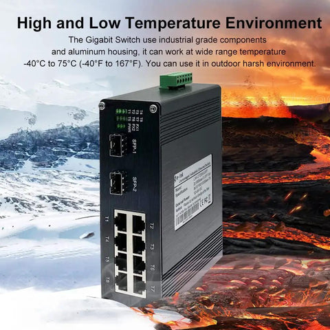 Beefy Industrial 8 Port Gigabit POE Plus Ethernet Switch with DIN Rail Mount in extreme temperature environments