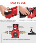 Diagram showing battery installation and water connection for Cordless 21V Water Transfer Pump Handy Battery Powered Hybrid Workhorse Pump For Garden And RV, 430 GPH Performance, 60 Ft Head, 6 Ft Suction Lift, 4.0Ah Battery, LED Light, Suction Filter, Easy Carry