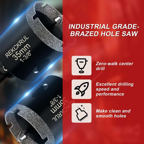 Two REKCKRUL diamond hole saws, 35mm (1-3/8 in) diameter with pilot bits for tile and stone cutting.