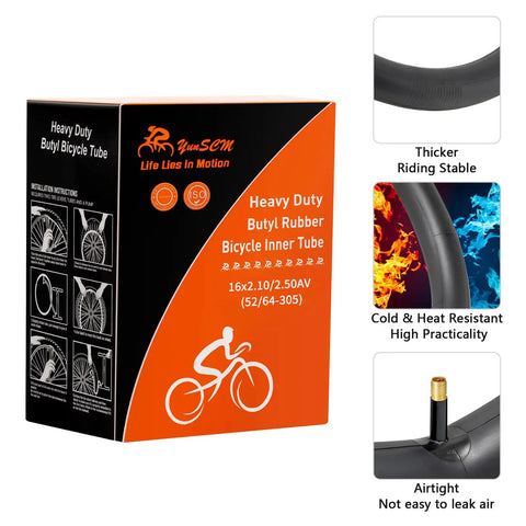 Box and features of Two-Pack Tough As Nails Heavy Duty Bike Inner Tubes 16x2.10/2.50 With AV32mm Schrader Valve