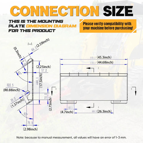Connection size diagram for Universal Skid Steer Trencher Attachment 59 Inch Trenching Depth, compatible with Bobcat.