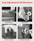 Powerful Benchtop Metal Lathe for Makers and Pros showing movable tailstock, tool holder, and variable speed adjustment controls.