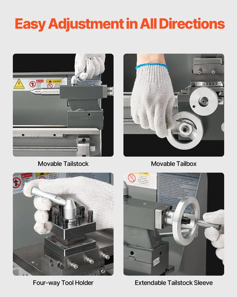 Powerful Benchtop Metal Lathe for Makers and Pros showing movable tailstock, tool holder, and variable speed adjustment controls.