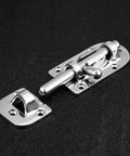 Front view of two-piece boat door latch set in marine-grade stainless steel with strike plate, 110mm