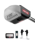 Chain Drive 500 Garage Door Opener Model 1035, black unit with remote and sensors, traditional chain drive system visible.