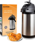 135 Oz 4L Airpot Coffee Carafe With Pump Double Walled Vacuum Insulated 304 Stainless Steel Beverage Dispenser for Hot or Cold Drinks, shown with packaging and croissants
