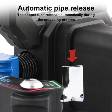 Heavy Duty Electric Copper Pipe Bender 7-In-1 Size Selector, close-up of automatic pipe release mechanism for easy operation.