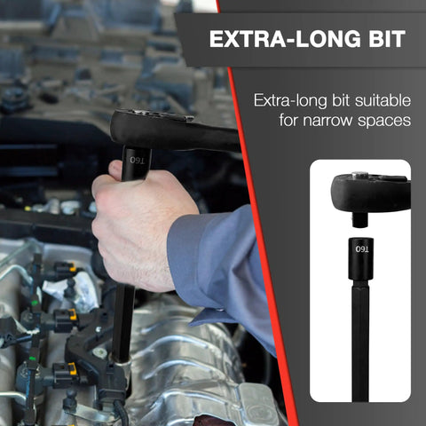 Hand using 107 Piece Bit Socket Set With 1/4 3/8 And 1/2 Inch Drives Torx Tamper Proof Extra Long Hex in engine