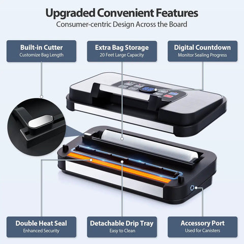 95KPa Dual Pump Vacuum Sealer With Double Heat Seal For Dry And Moist Food features diagram