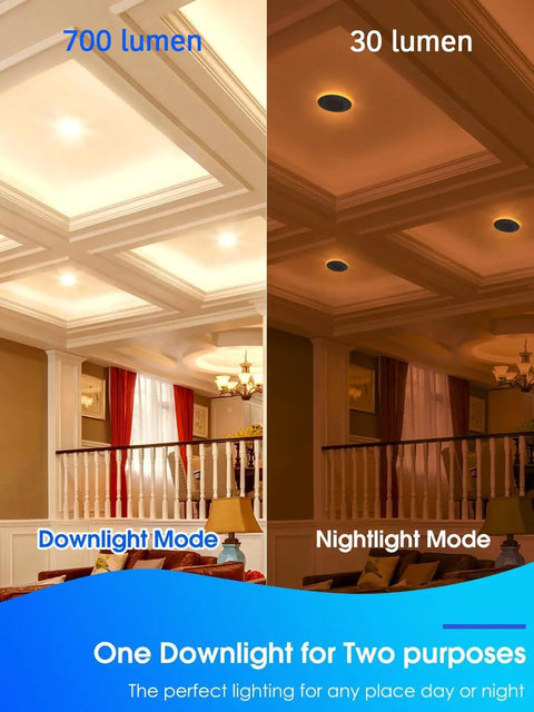 5/6 Inch LED Recessed Light Kit With Night Light, Dimmable And Energy Smart, demonstrates downlight and nightlight modes