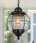 Outdoor Pendant Lights With Farmhouse Style Black Metal Hanging Porch Fixture And Clear Bubbled Glass Globe Inside An Iron Cage Frame For Rustic Vibe Exterior Lantern For Gazebo Patio And Entryway
