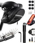 Grab And Go All In One Bike Repair Kit With Mini Pump Under Seat Bag And Tail Light 16-In-1 Multi Tool Tire Patch Kit